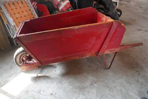 lot 150 image: Red wooden wheelbarrow w removeable sides