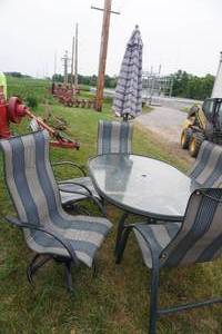 lot 199 image: Patio table, five chairs and umbrella with stand