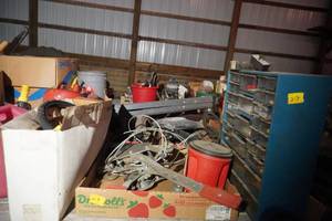 lot 212 image: Cable come along, skill saws, grease guns, organizer