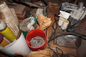 lot 219 image: Cleaners, sump pump, bolts, screws, steering wheel