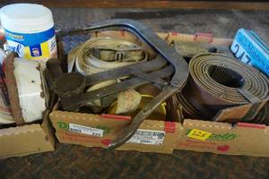 lot 225 image: Three flats of straps, scale weights, misc.
