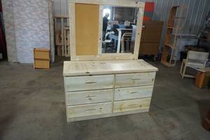 lot 264 image: Six drawer blond dresser wmirror 54 L x 31 T x 20D