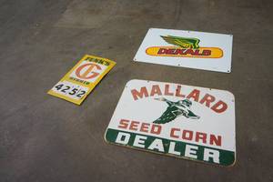 lot 279 image: Three metal signs, Funks, Dekalb & Mallard seed dealer