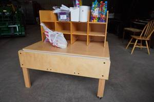 lot 294 image: Table 42 x 28 x 24 wwall mount cubbie wcoat hooks