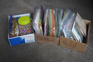 lot 318 image: Three boxes Paper and beads, crafts sticks and supplies