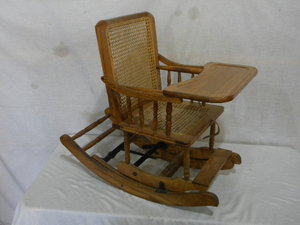 lot 45 image: Caned Childs rockerHigh chair-nice