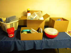 lot 153 image: Basket, boxes plastic ware, glasses