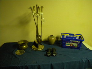 lot 165 image: Fireplace set, weights, dishes