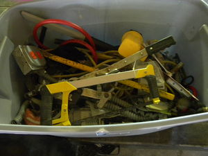 lot 200 image: Grey tub, wrenches, tools, saw