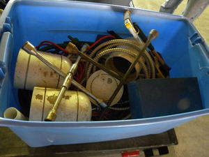 lot 202 image: Blue tub, X wrenches, elec cords