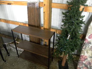 lot 605 image: Metal shelf, boards, Christmas Tree