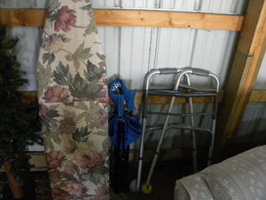 lot 606 image: Ironing board, walker, lawn chair