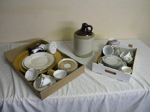 lot 640 image: Crock, flats of dishes, German pitcher