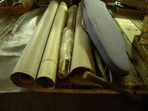lot 645 image: Ironing board, blinds, 3 rolls wall paper