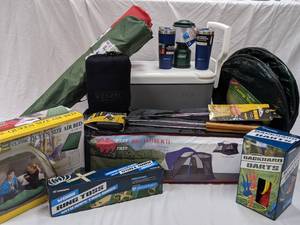 lot 90 image: Camping Equipment Tent, Sleeping Bag, Cooler, queen size mattress, 2 yard games