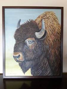 lot 29 image: Hand Painted Buffalo Portrait in Frame Painting Donated by Tammy Heinley Frame Donated by Frame Up Custome Framing and Art Galary