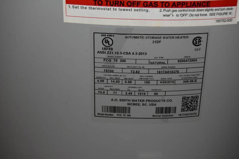A.O.Smith NG 75 Gal W Heater | Waite Park American Legion Post # 428 |  Black Diamond Auctions Online