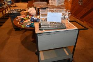 lot 280 image: Bingo Dobber rack, cards, misc office supplies, roller cart