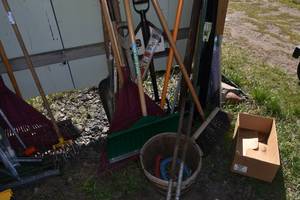 lot 67 image: Horseshoes, scoop, rakes, fork