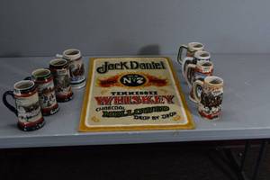 lot 205 image: Jack Daniels Rug & Budweiser Steins