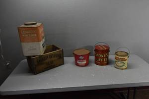 lot 311 image: Wood box, Shelly Tin Misc tins