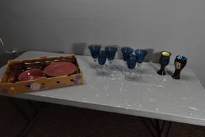 lot 397 image: 6) Blue stemware & Melamine