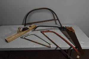 lot 419 image: Bow saws, old plane, 2) hand saws