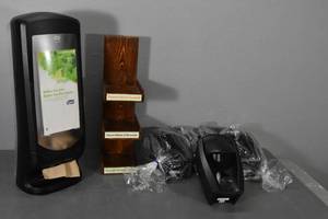 lot 133 image: Towel and soap dispensers, wood display