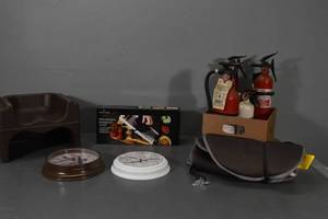 lot 137 image: 4) Extinguishers1 charged,mat, clocks, slicer,pad