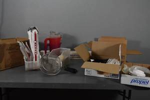 lot 154 image: Pitchers, table line, straws, strainers, To Go bags