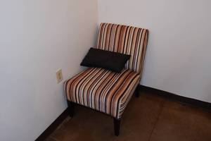 lot 56 image: 1960s Striped Padded Chairs with pillows