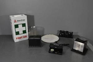 lot 117 image: 1st Aid box, pitchers, misc items