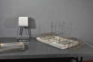 lot 125 image: Metal trays, racks & cone dispenser