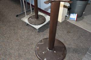 lot 163 image: 2) Metal Table bases, one high top 42, one 30 standard, and roller cart for cup trays