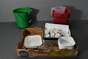 lot 167 image: Aluminum trays, Expresso cups, whisk and buckets