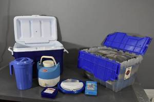 lot 187 image: Blue coolers, dishes,tarps