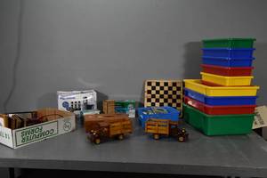 lot 261 image: Wood toy trucks, Trays, phone