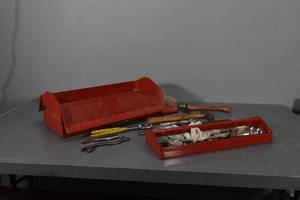 lot 278 image: Red tool box &amp tools, cresent wrenches