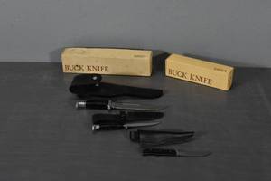 lot 313 image: 3) Buck knives & sheaves