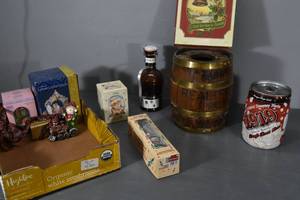 lot 335 image: Wood barrel, tree topper & more