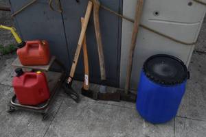 lot 460 image: Gas cans, stool, axes and mall