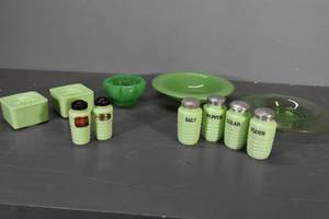 lot 11 image: 2 covered green refrigerator   dishes