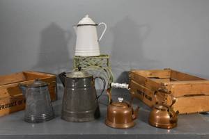 lot 46 image: Enamel  coffee pots, etc
