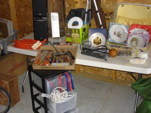 lot 65 image: TABLE, SPEAKERS, SHOT PUT, MISC