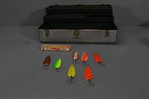 lot 12 image: Silver Tackle box w 7 metal daredevils