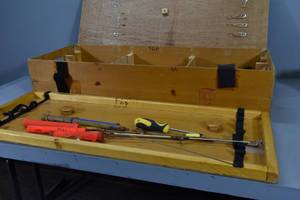 lot 13 image: Wood fishing box wice fishing gear