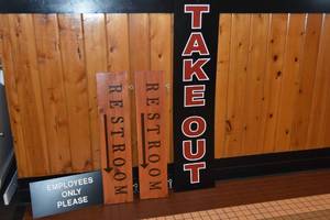 lot 28 image: 3 Signs, Takeout & Restrooms
