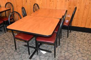 lot 39 image: Table with four red seat chairs