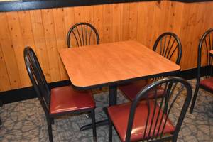 lot 58 image: Table with four red seat chairs