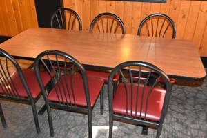 lot 82 image: Long Table with six red chairs 72 x 30